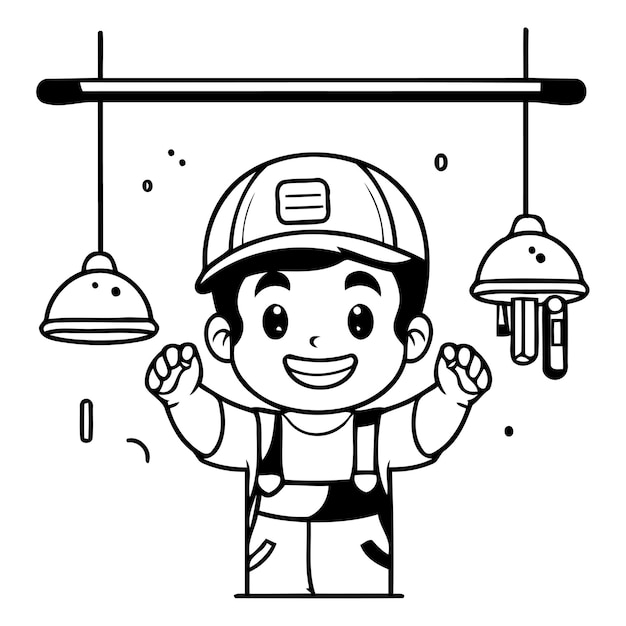 Vector niño lindo con casco de construcción y mono ilustración vectorial