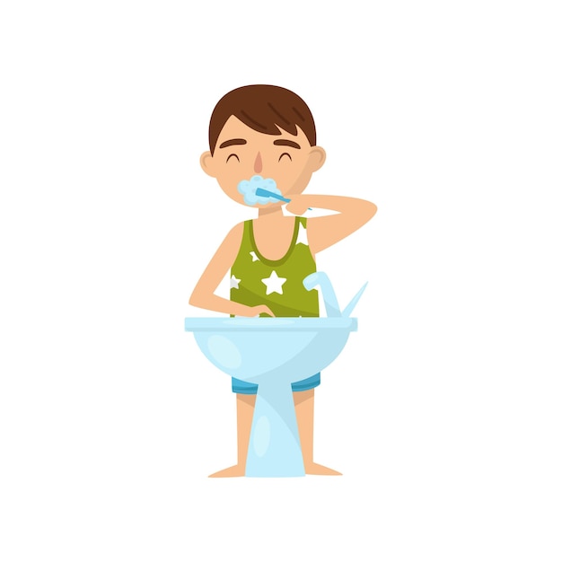 Niño lindo cepillándose los dientes en el baño después o antes de acostarse actividad de los niños vector de rutina diaria Ilustración aislada en un fondo blanco