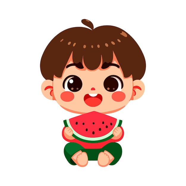 niño lindo come sandía personaje icono de dibujos animados