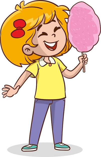 Niño lindo comiendo algodón dulce en un palo Diseño vectorial plano