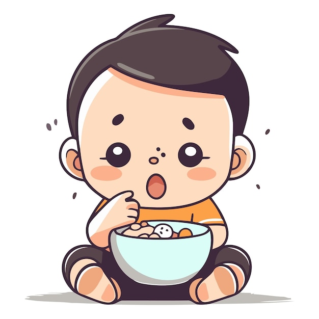 Niño lindo comiendo cereales ilustración de personajes de dibujos animados vectoriales