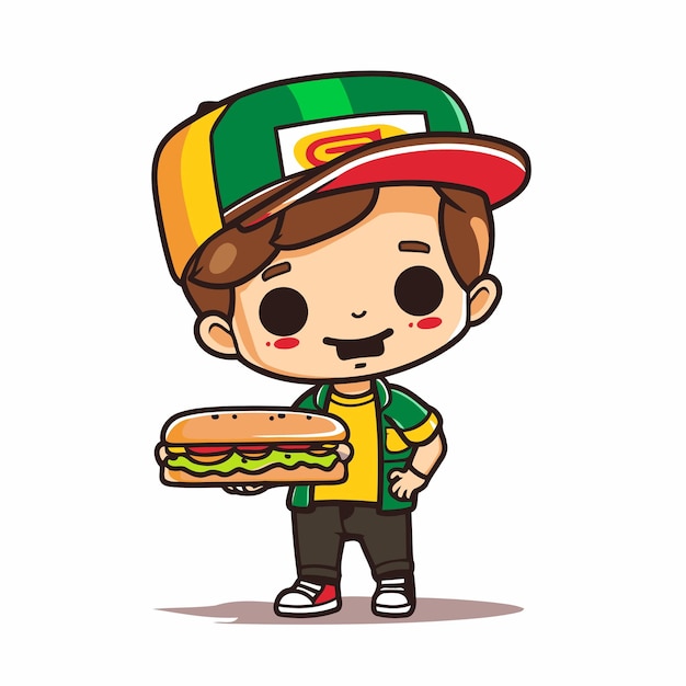 Vector un niño lindo comiendo una hamburguesa ilustración vectorial un personaje de dibujos animados lindo