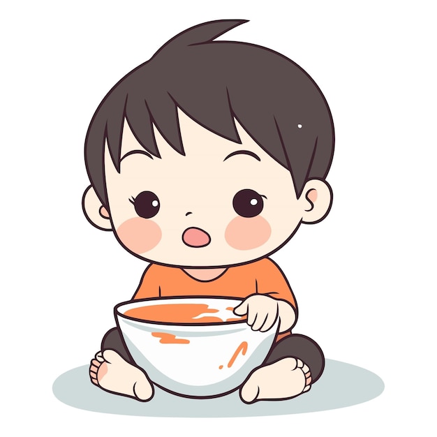 Un niño lindo comiendo un plato de sopa.