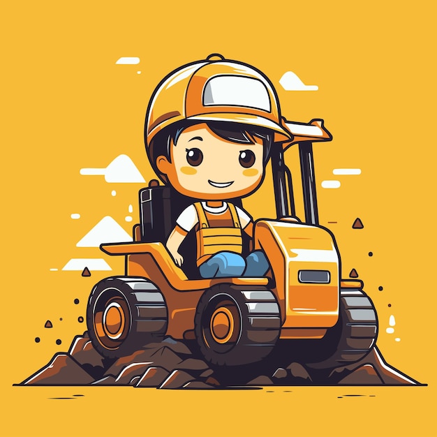 Vector un niño lindo conduciendo una excavadora ilustración de dibujos animados vectorial