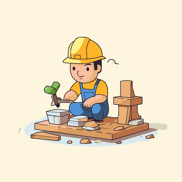 Vector un niño lindo construyendo una casa ilustración vectorial al estilo de dibujos animados