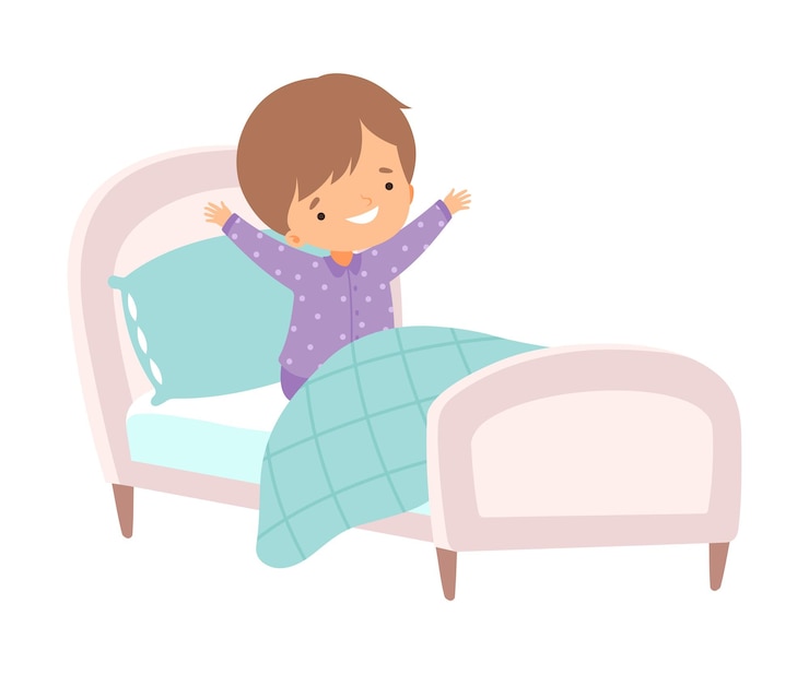 Vector niño lindo despertando y bostezando en la cama niño preescolar actividad rutinaria diaria vector de dibujos animados