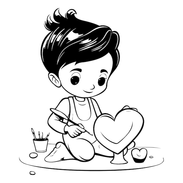 Un niño lindo dibujando un corazón Ilustración vectorial en blanco y negro