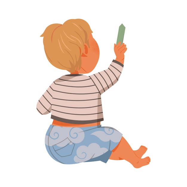 Niño lindo dibujando con lápiz de colores o lápiz ilustración vectorial