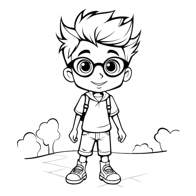 El niño lindo de dibujos animados con gafas para el libro de colorear