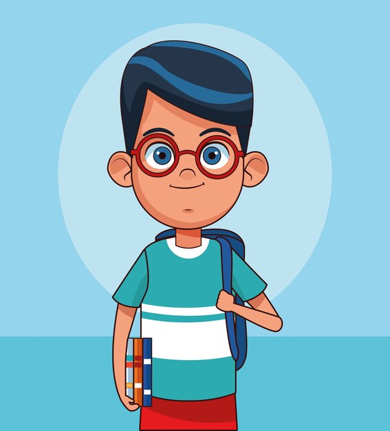 Vector niño lindo de dibujos animados con mochila escolar y libros
