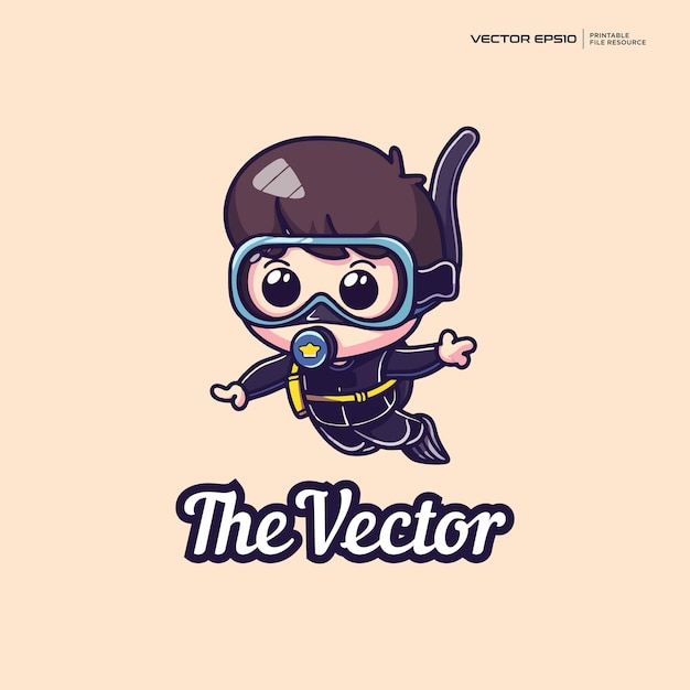 Un niño lindo con un disfraz de buceo, un logotipo vectorial, un personaje de dibujos animados eps10