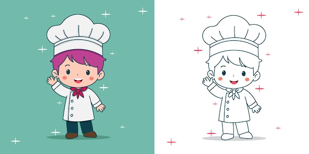 un niño lindo en un disfraz de chef agitando la mano para una mascota o logotipo de un elemento de diseño
