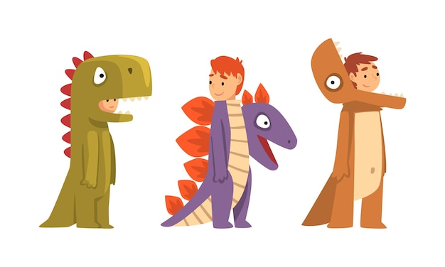 Un niño lindo con un disfraz de dinosaurio como un conjunto vectorial de trajes de carnaval