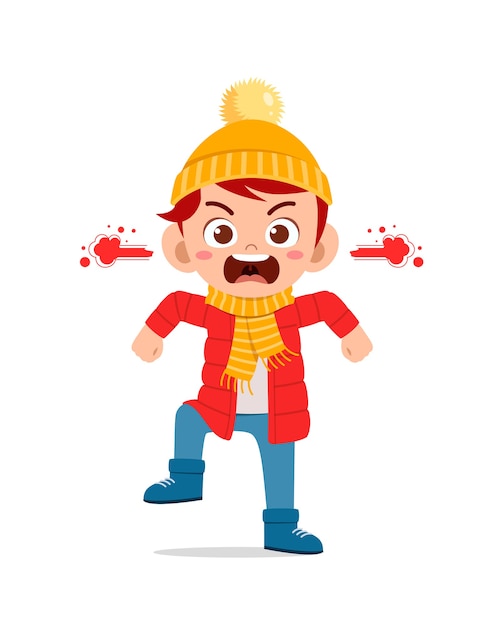 Niño lindo enojado grita y usa chaqueta en temporada de invierno