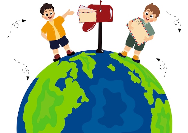 El niño lindo está enviando cartas celebrando el Día Mundial del Envío de Cartas