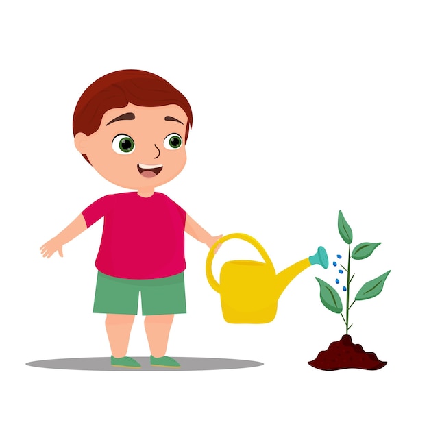 un niño lindo está regando una planta agricultor jardinero vector