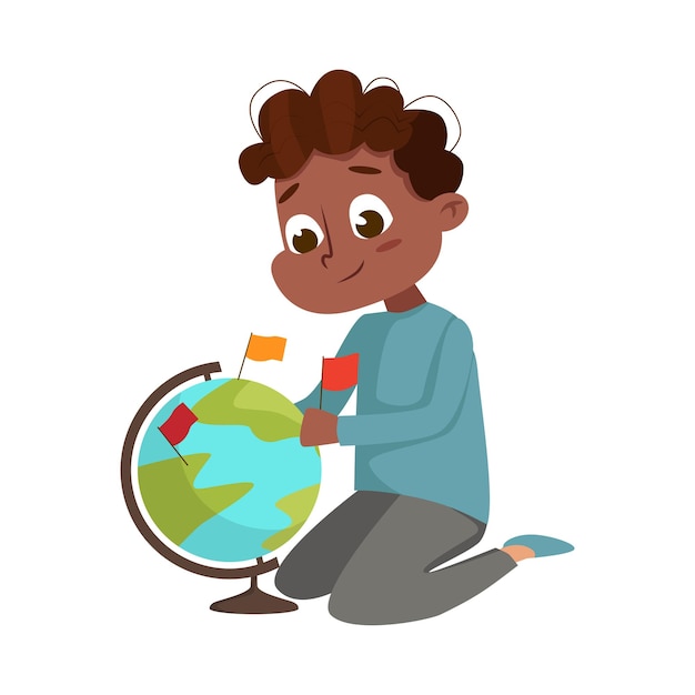 Vector niño lindo examinando el globo y poniendo banderas en él estudiando ilustración vectorial de geografía
