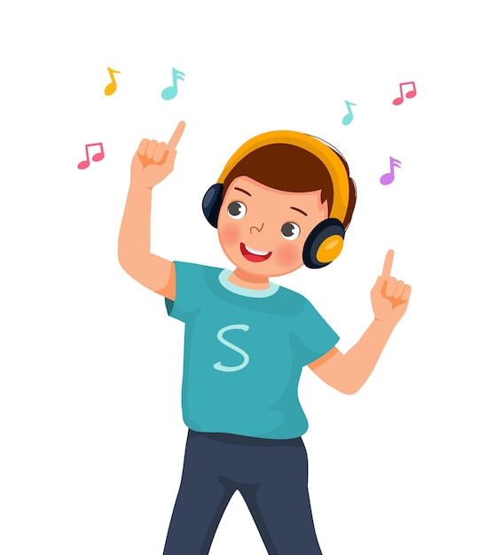 Vector niño lindo feliz bailando mientras escucha música con auriculares