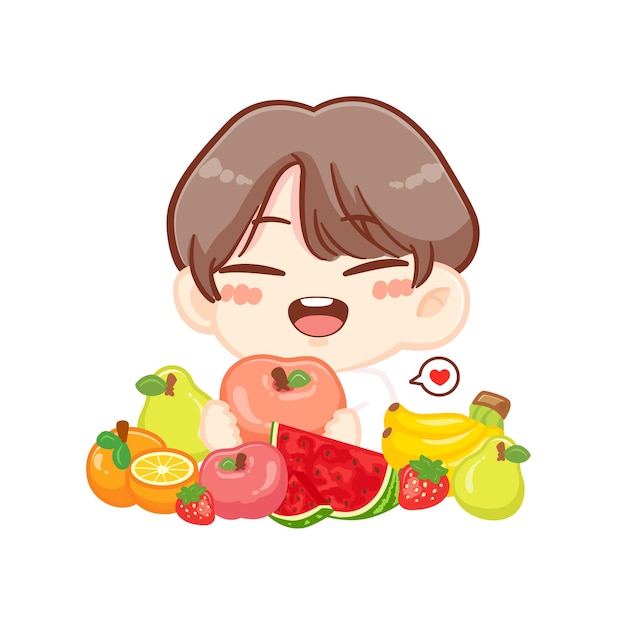 Niño lindo feliz comer fruta saludable comida kawaii dibujos animados