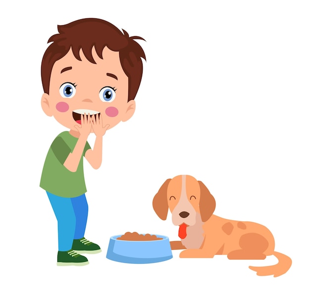 Un niño lindo y feliz juega con un perro
