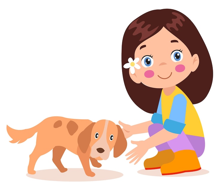 Vector un niño lindo y feliz juega con un perro