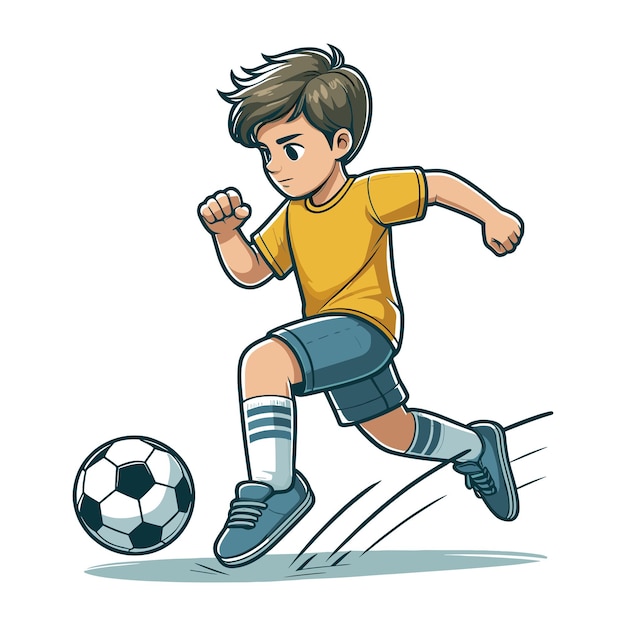 Vector un niño lindo y feliz jugando al fútbol. juego de fútbol en acción. ilustración vectorial de dibujos animados.