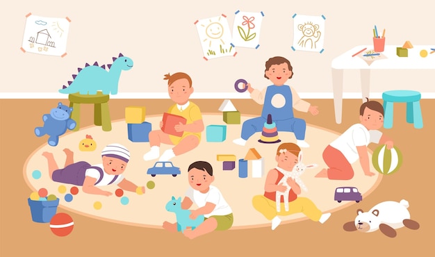 Niño lindo feliz jugando con diferentes juguetes y cubos en la ilustración plana de vector interior de jardín de infantes. Chicos y chicas sonrientes pasando tiempo en la sala de juegos para niños. Bebés alegres en la guardería.