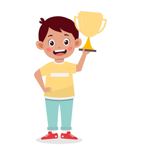 Niño lindo feliz niño con ilustración de dibujos animados de trofeo de oro