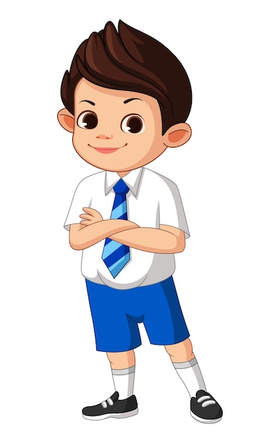 Niño lindo y feliz sonriendo en uniforme escolar