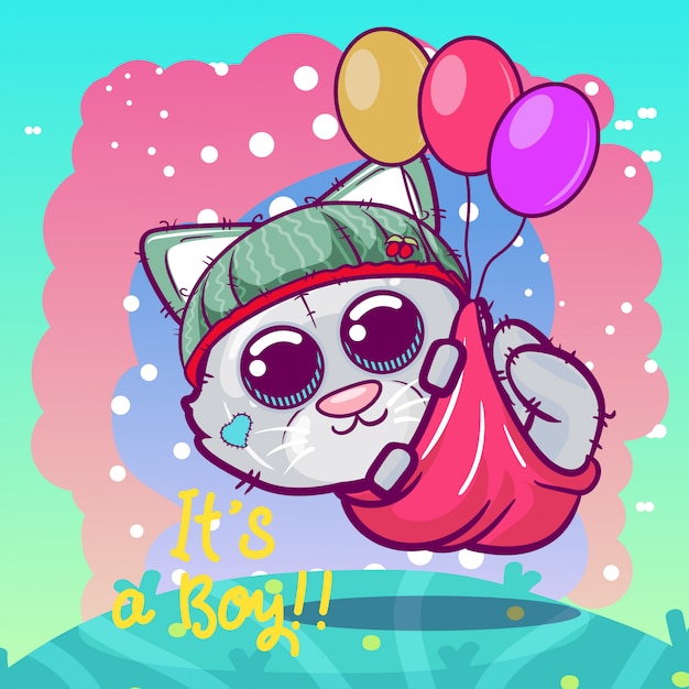 Niño lindo del gatito de la historieta que vuela con los globos