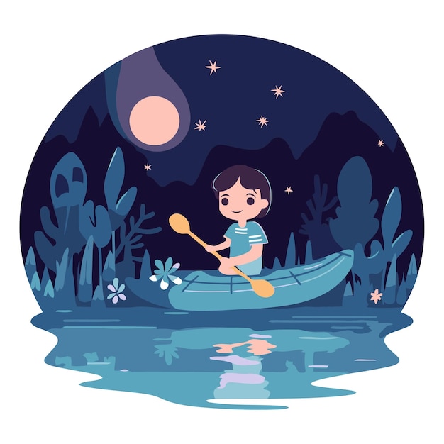 Vector un niño lindo haciendo kayak en el lago por la noche.