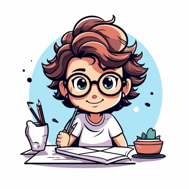 Vector un niño lindo haciendo la tarea ilustración vectorial al estilo de dibujos animados