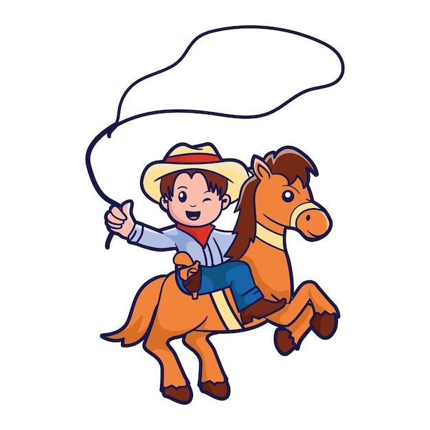 Niño lindo en ilustración de dibujos animados de vector de traje de vaquero