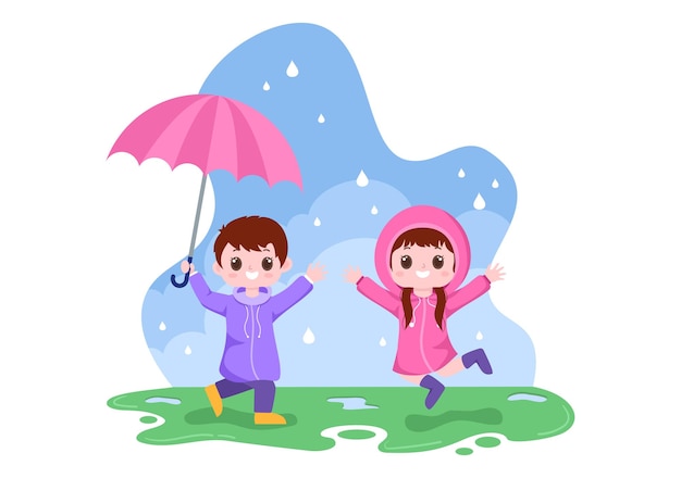 Niño lindo con impermeable, botas de goma y paraguas en medio de las lluvias. Ilustración vectorial de dibujos animados de fondo plano para pancarta o póster