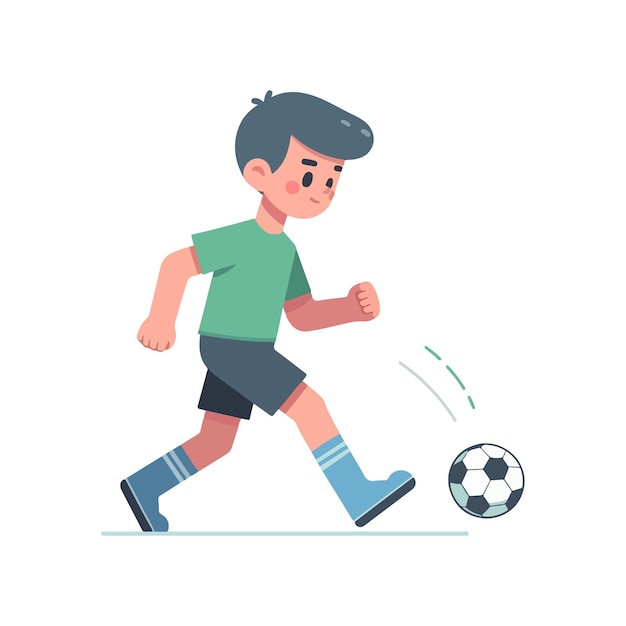 Vector un niño lindo juega al fútbol como delantero.