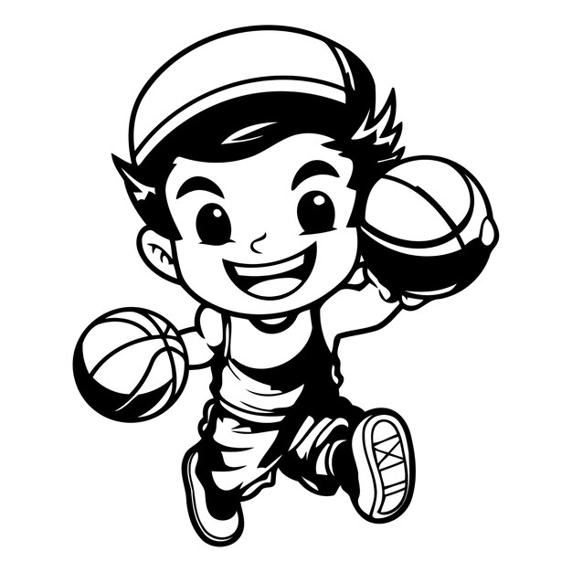 Vector un niño lindo jugando al baloncesto ilustración vectorial aislada sobre fondo blanco