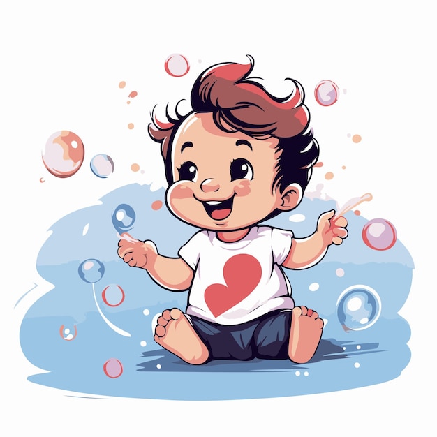 Vector un niño lindo jugando con burbujas de jabón ilustración de dibujos animados vectorial