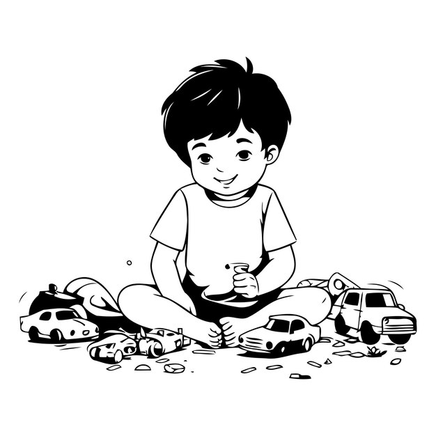 Vector un niño lindo jugando con coches de juguete ilustración de dibujos animados vectorial