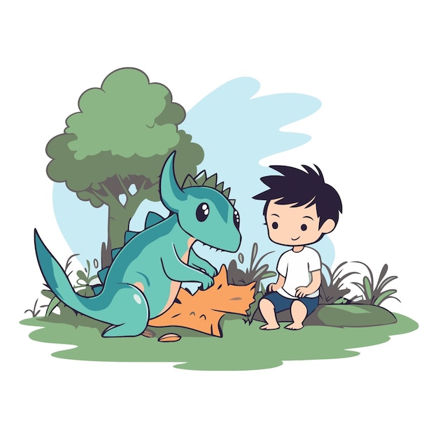 Vector un niño lindo jugando con un dinosaurio en el parque.