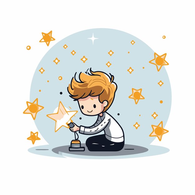 Vector niño lindo jugando con juguete estrella ilustración de dibujos animados vectorial