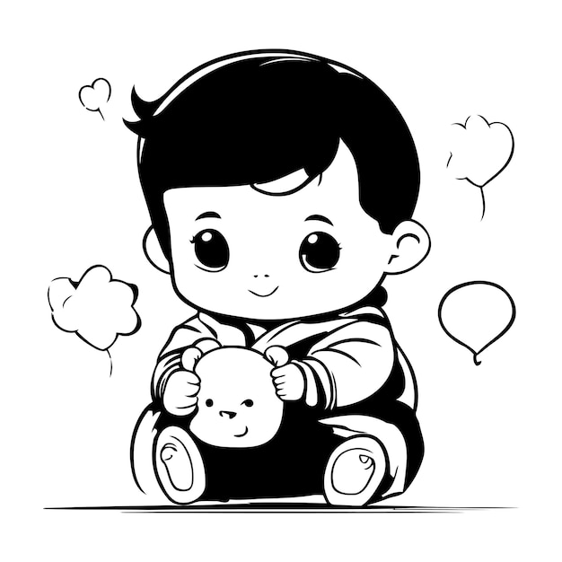 Niño lindo jugando con un oso de peluche Ilustración vectorial