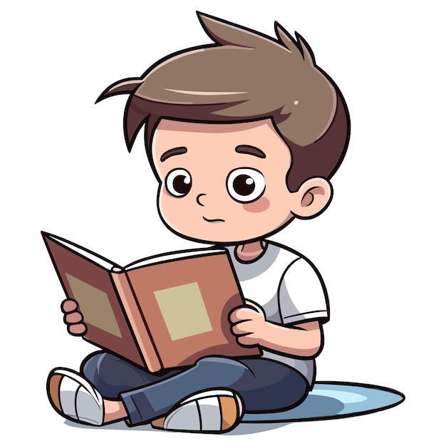 Niño lindo leyendo un libro en el día de los niños etiqueta engomada de la ilustración del niño sentado en el suelo y leyendo