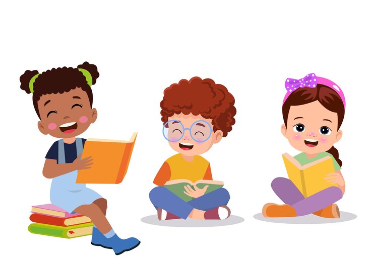 Vector un niño lindo leyendo un libro.