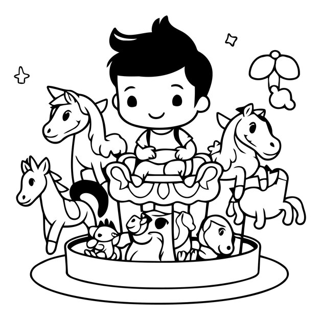 Un niño lindo montando un carrusel con caballos