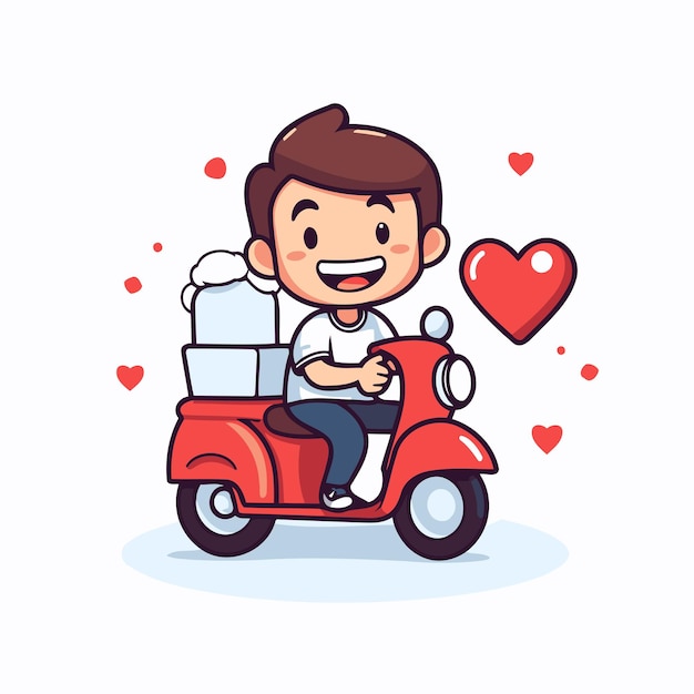 Un niño lindo montando un scooter con cajas de pizza y corazones Ilustración vectorial