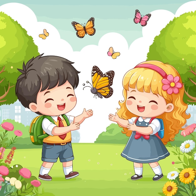 Vector un niño lindo y una niña felices atrapando una mariposa en la ilustración vectorial del parque