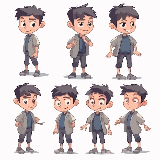 Niño lindo niño en estilo de dibujos animados de ropa gris