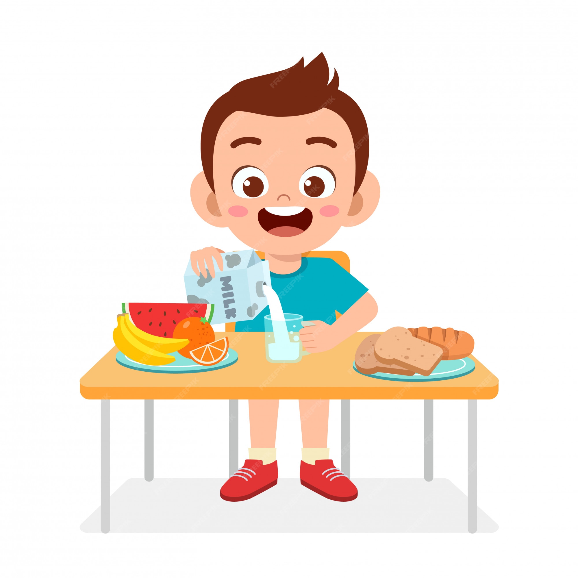 Niño lindo niño feliz comer alimentos saludables | Vector Premium