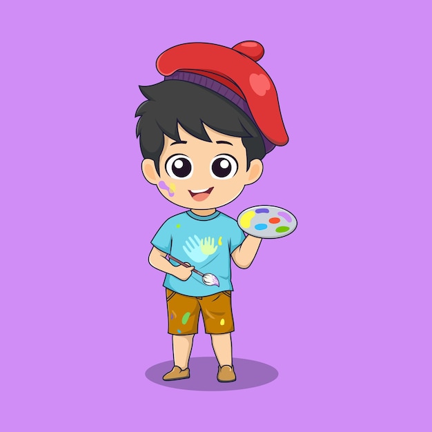 Niño lindo niño sosteniendo paleta dibujado a mano ilustración de personaje de dibujos animados