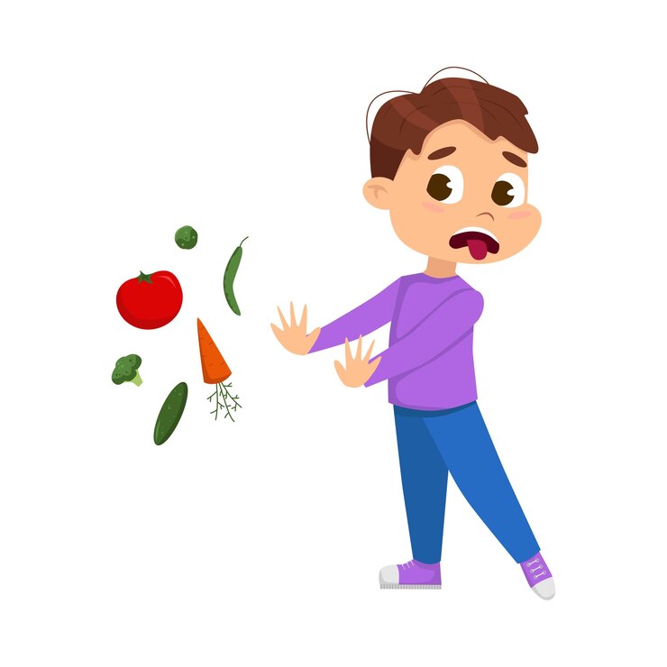 Vector niño lindo no quiere comer verduras niño que se niega a comer comida saludable ilustración vectorial al estilo de dibujos animados